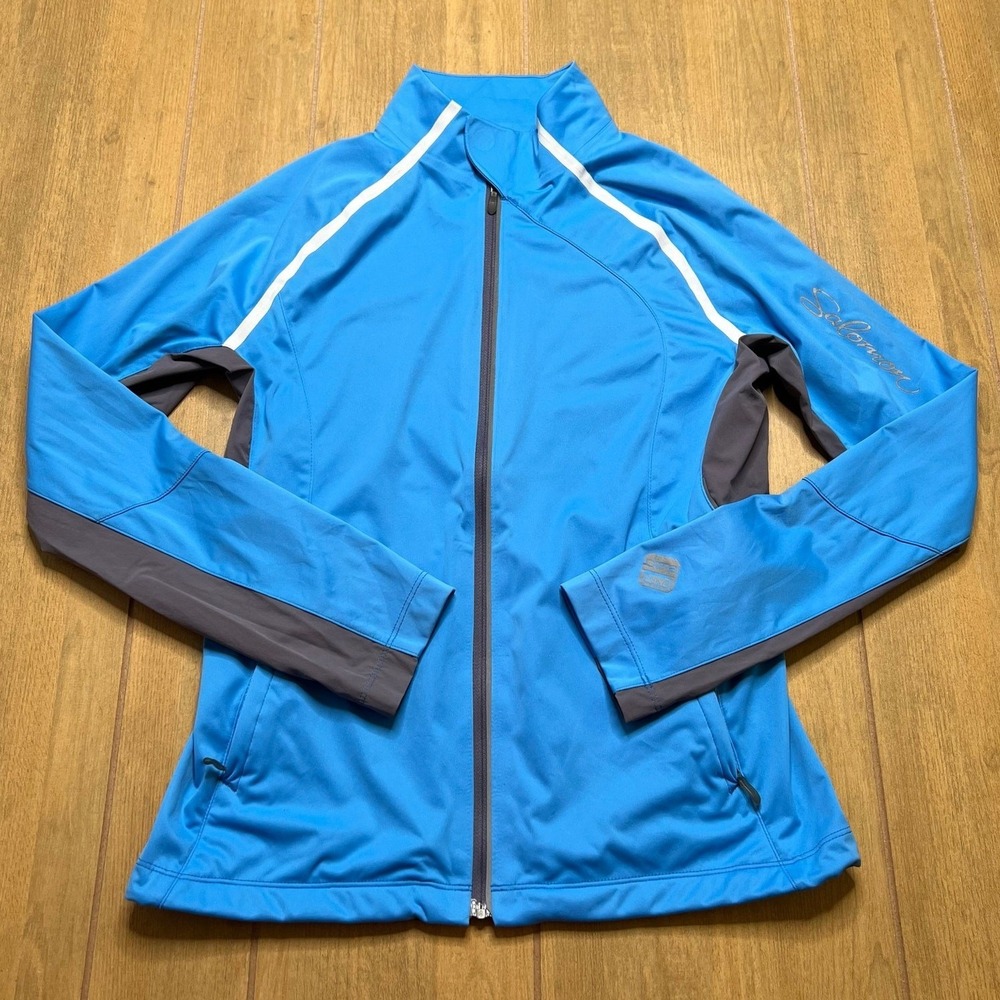Salomon Jacket Women M Blue Grey Full Zip Mock Neck Reflective Athletic Outdoor